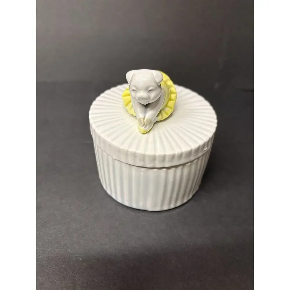 Fitz and Floyd Round Ceramic Trinket Box, White/Yellow, Removable Lid